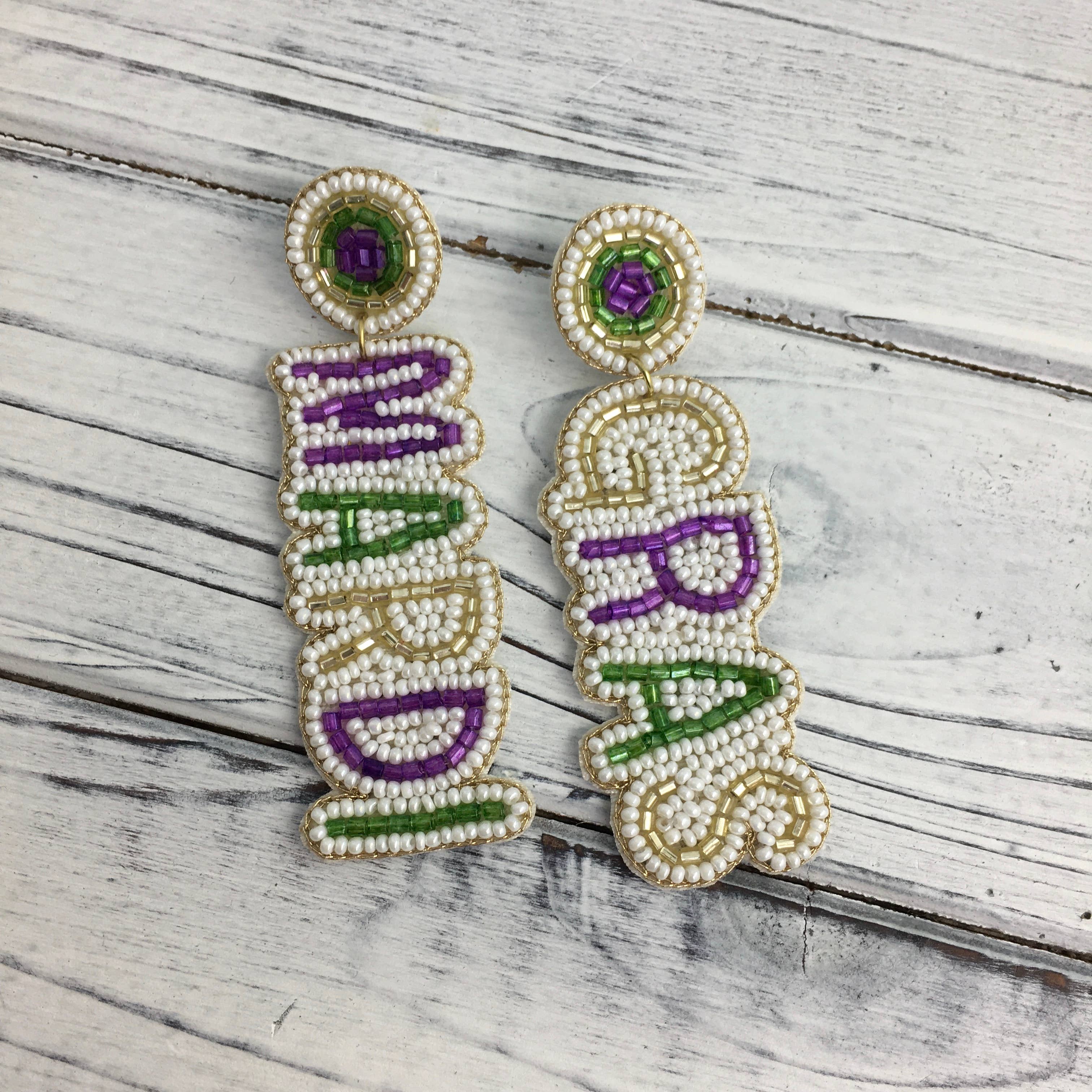 Mardi Gras beaded word earring