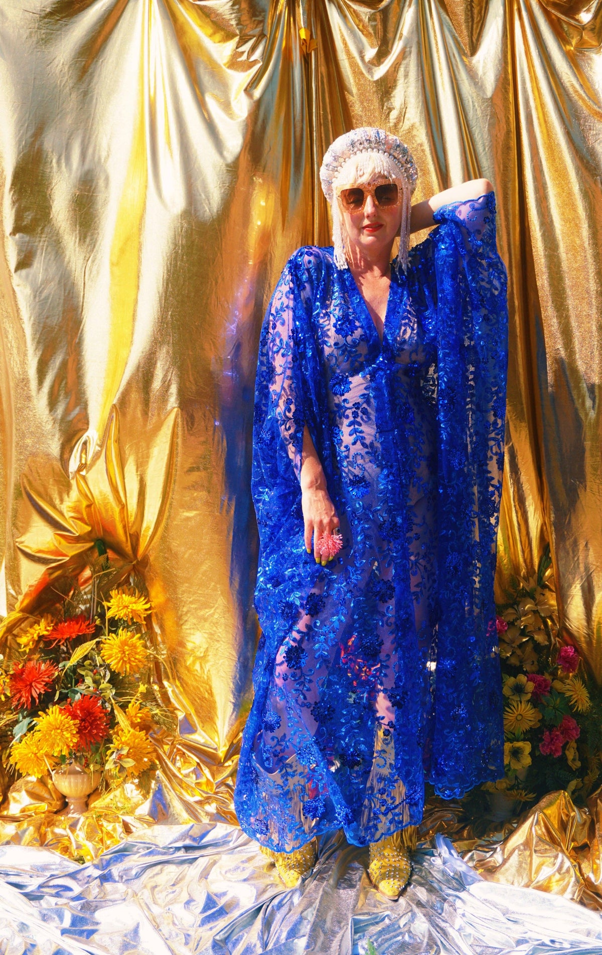 Desert Blue Lace Sequin V-Neck Kaftan Gown