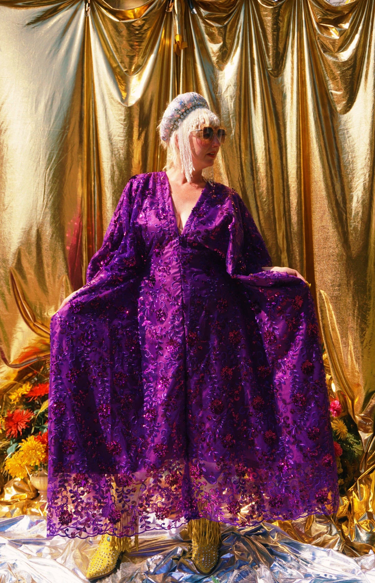Desert Amethyst Lace Sequin V-Neck Kaftan Gown