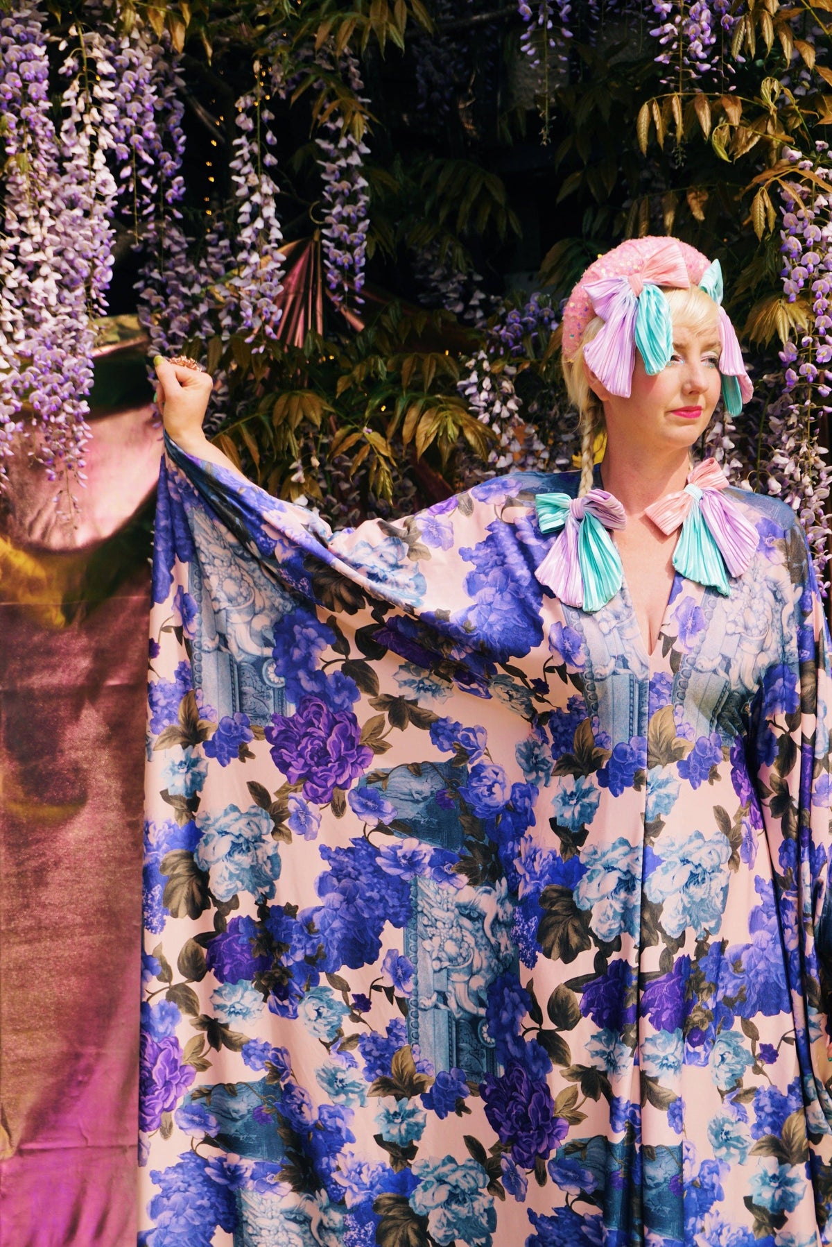 Blue Rose V-Neck Kaftan Gown