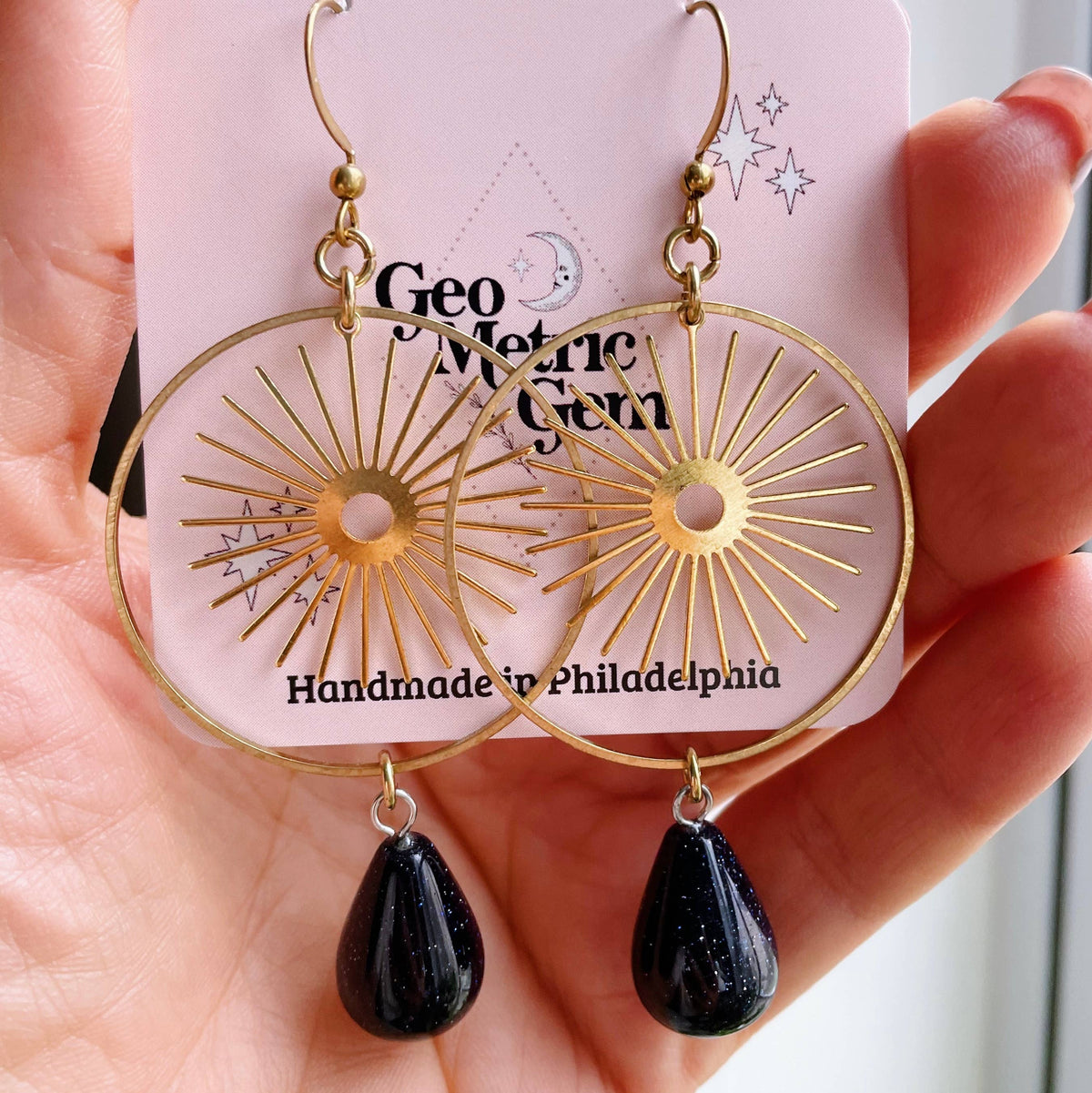 Jean Earrings ~ Brass Sun & Blue Goldstone