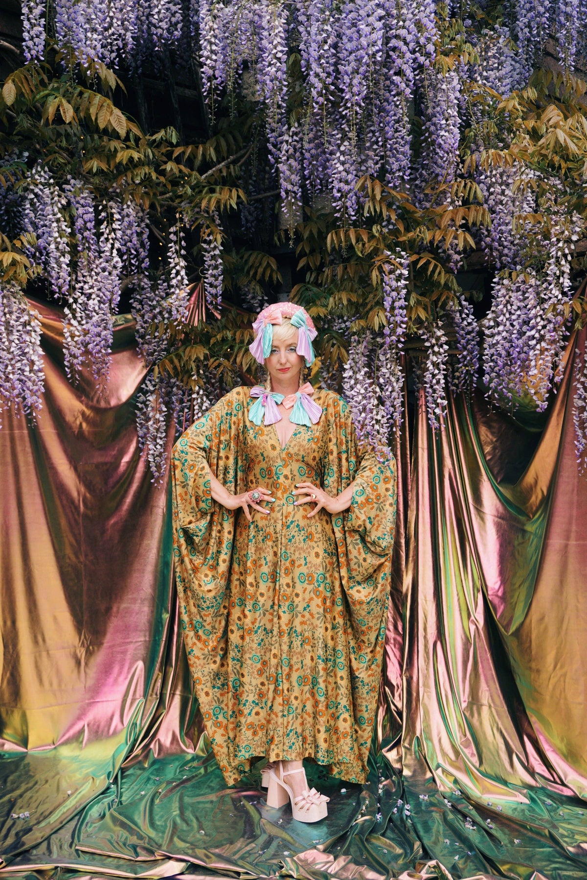 Golden Meadow Print V-Neck Kaftan Gown