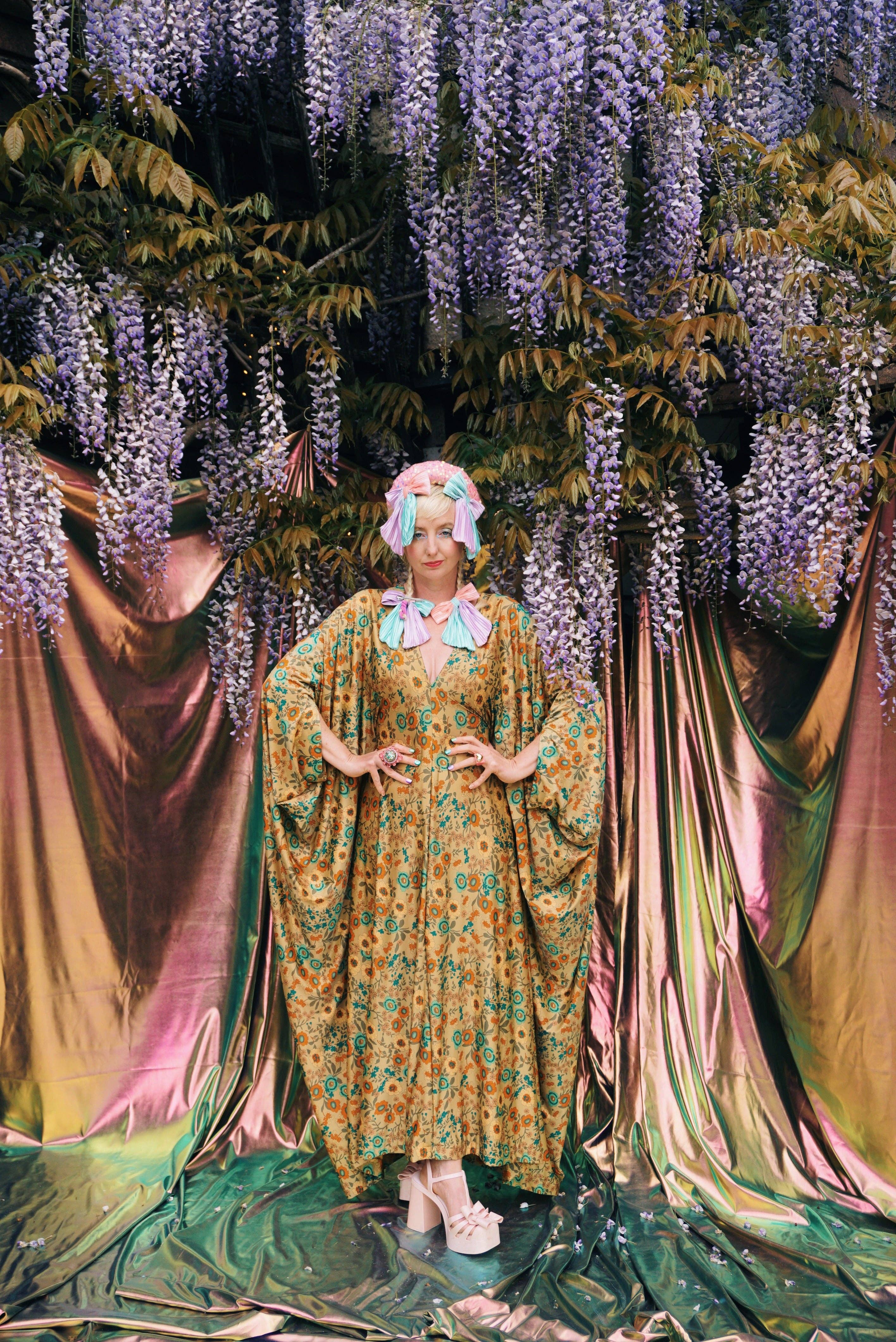 Golden Meadow Print V-Neck Kaftan Gown