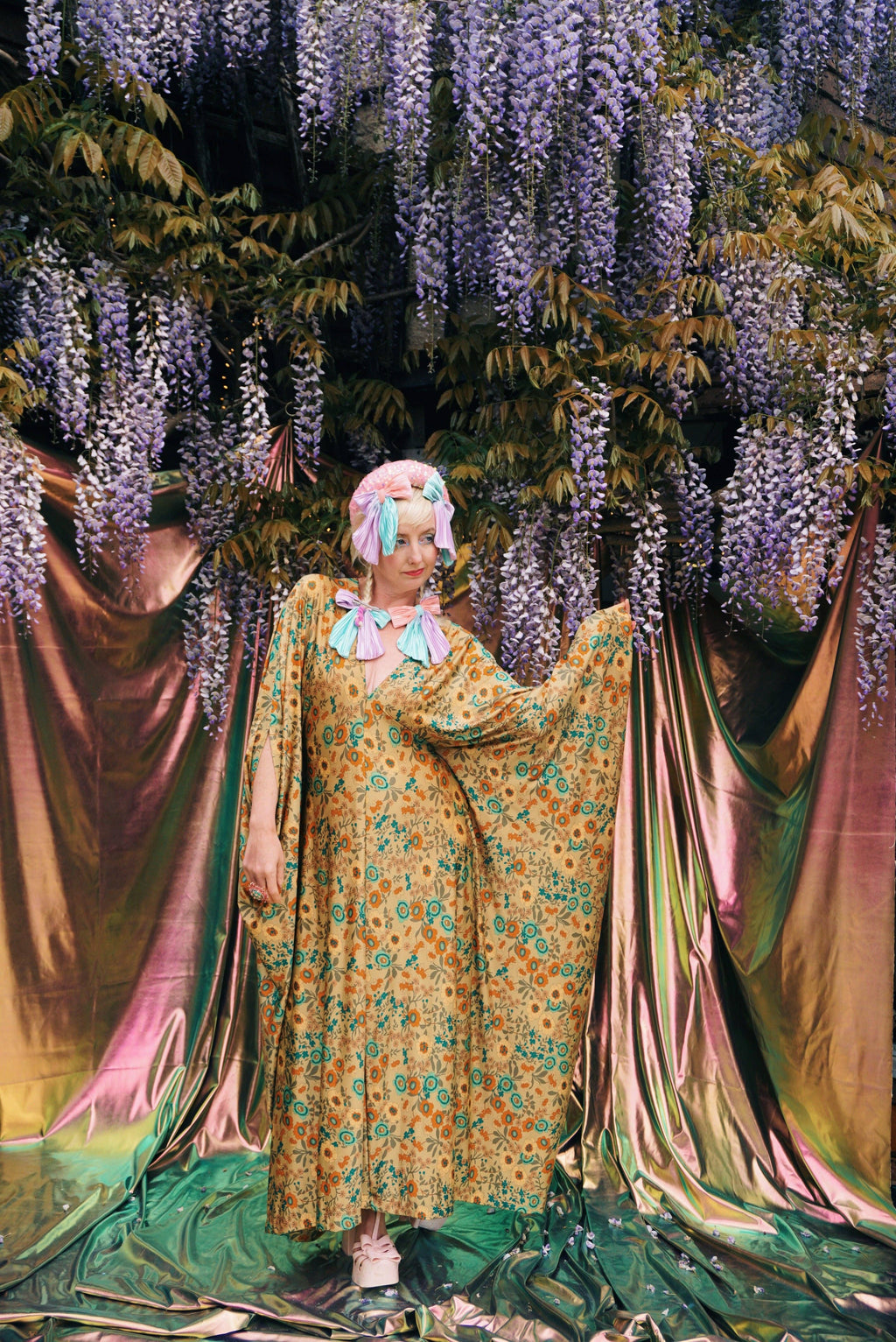 Golden Meadow Print V-Neck Kaftan Gown