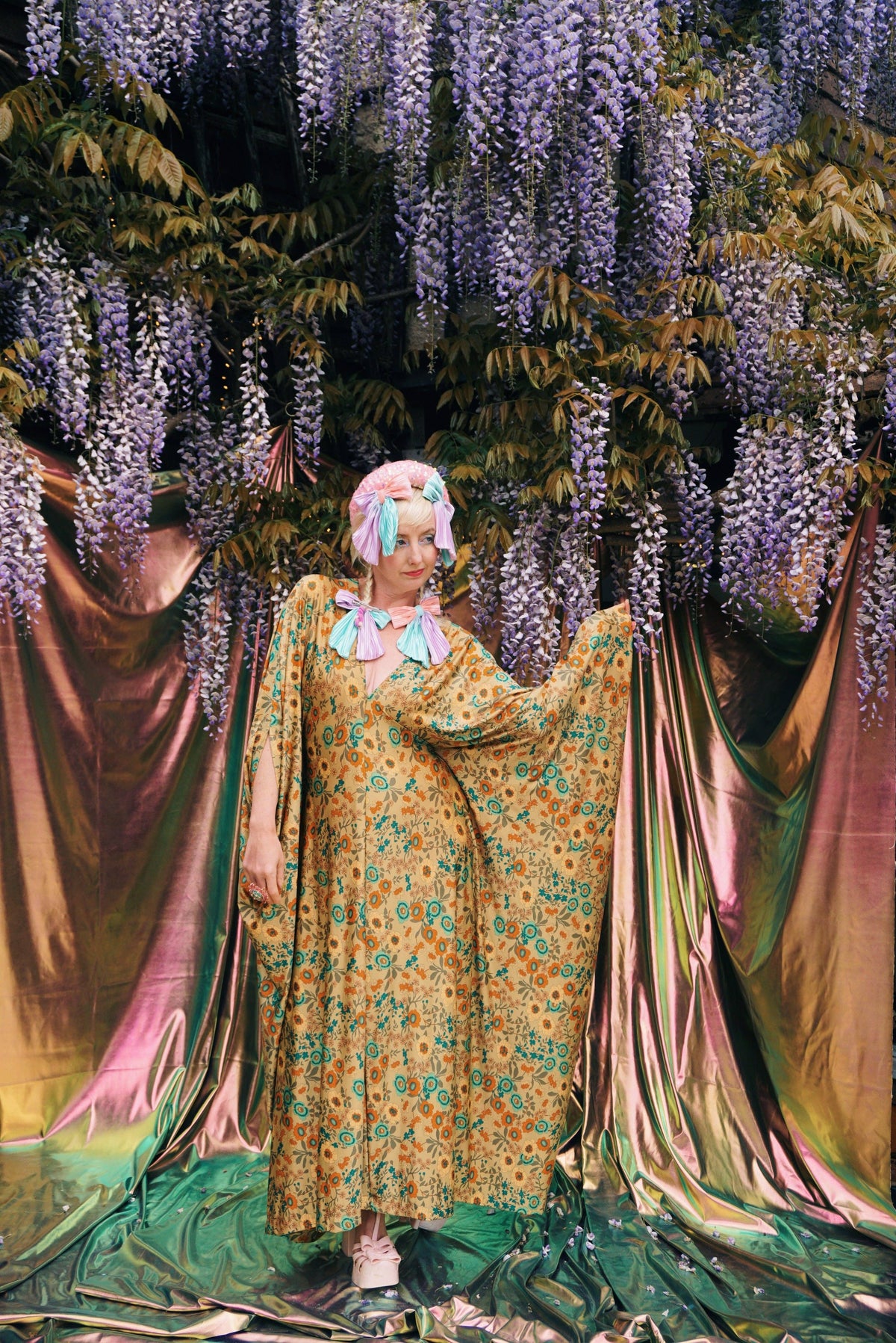 Golden Meadow Print V-Neck Kaftan Gown