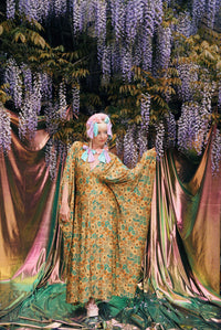 Golden Meadow Print V-Neck Kaftan Gown