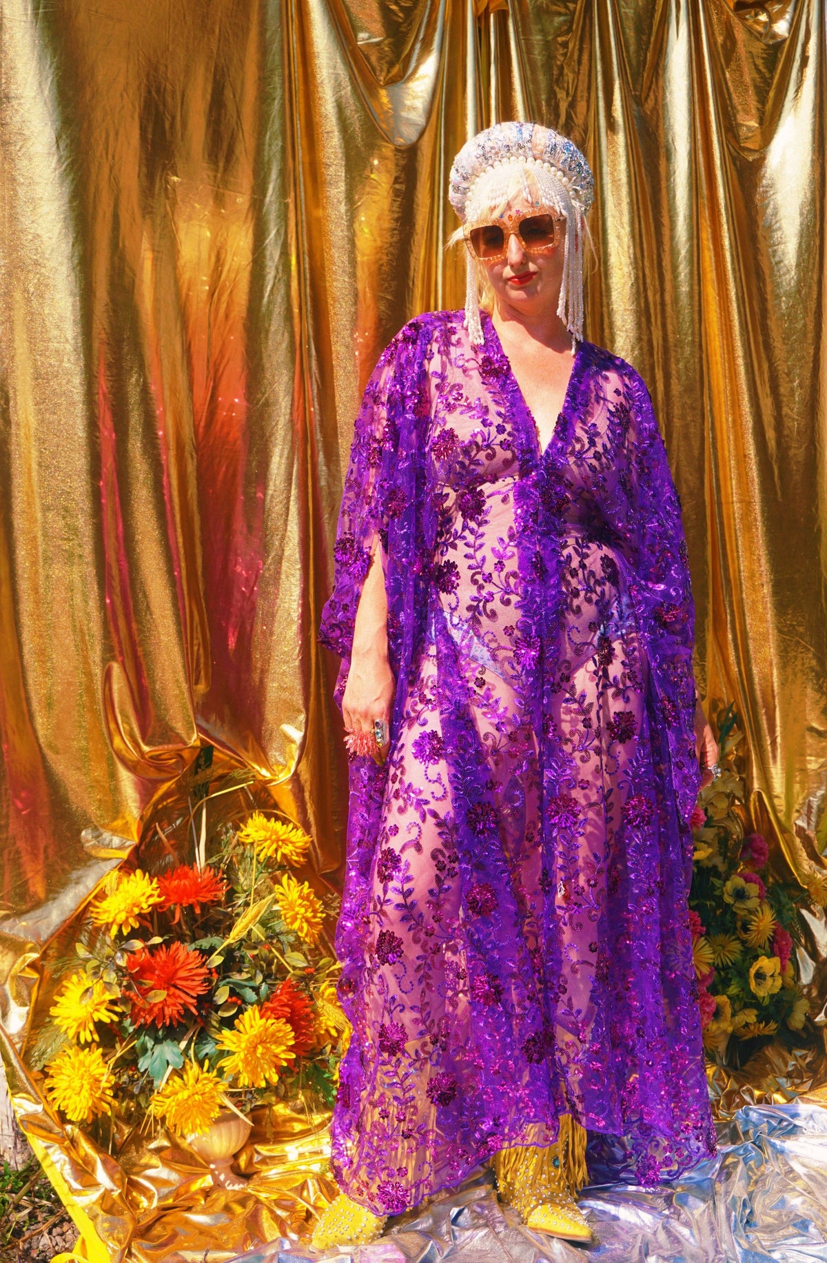 Desert Amethyst Lace Sequin V-Neck Kaftan Gown