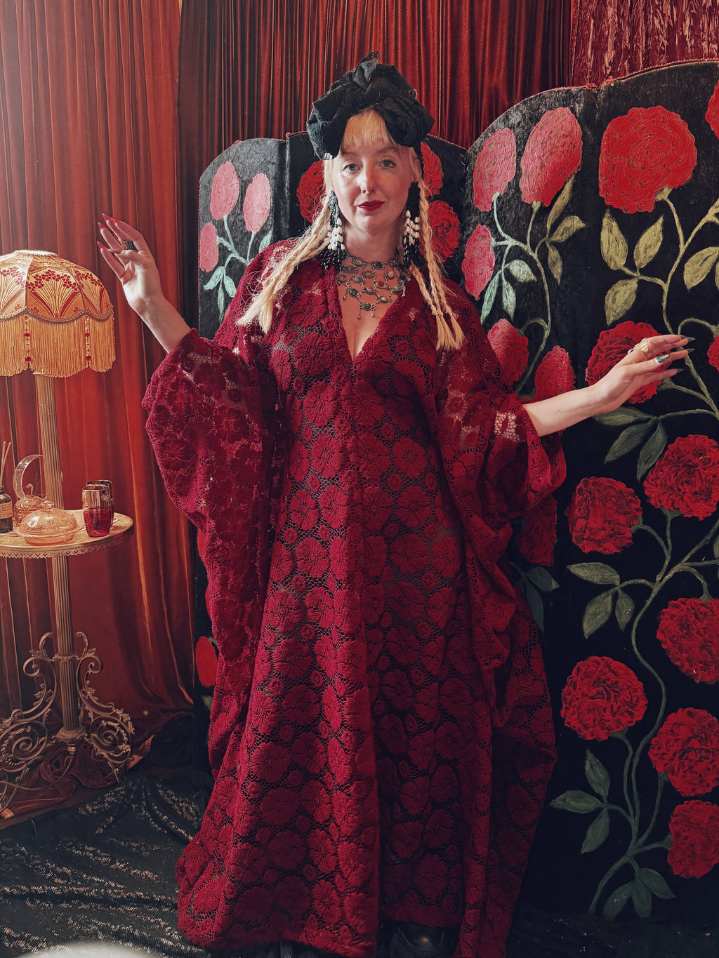 Crimson Moon Lace V-Neck Kaftan Gown