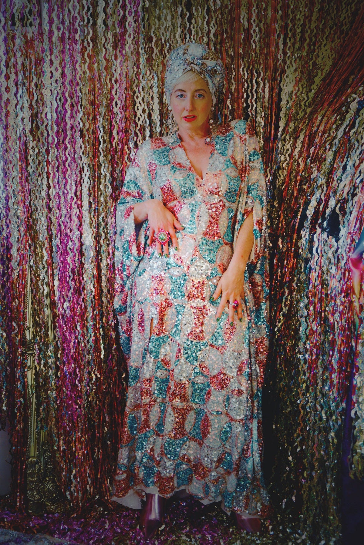 Pink, Blue and White Circle V-Neck Maxi Dress Kaftan