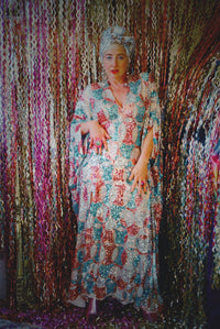 Pink, Blue and White Circle V-Neck Maxi Dress Kaftan