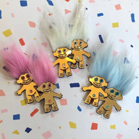Furry Treasure Troll, Pink, White Or Blue, Acrylic Laser Cut Earrings, Plastic Jewelry