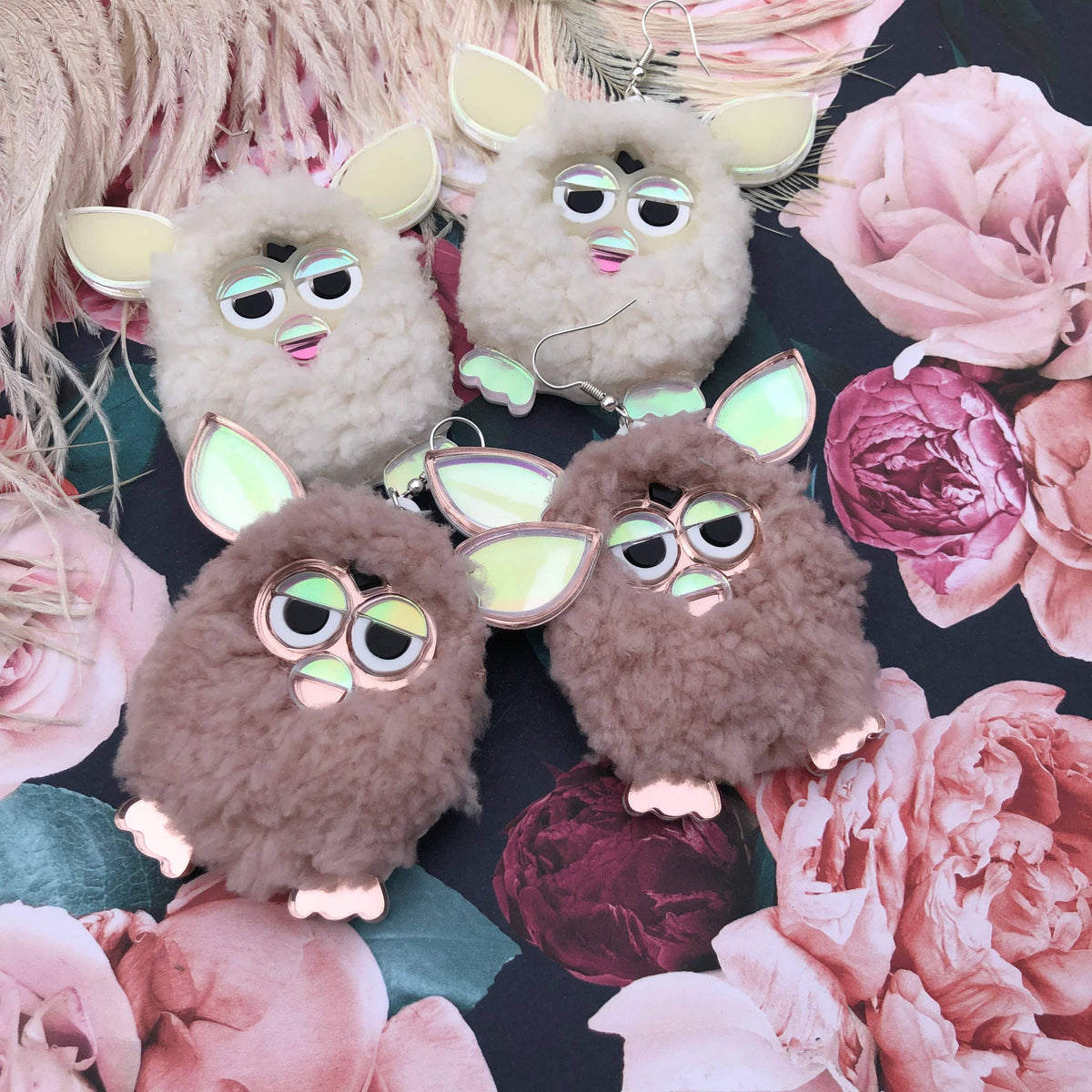 Rose Pink Furry Furby Earrings, Laser Cut Acrylic, Plastic Jewelry