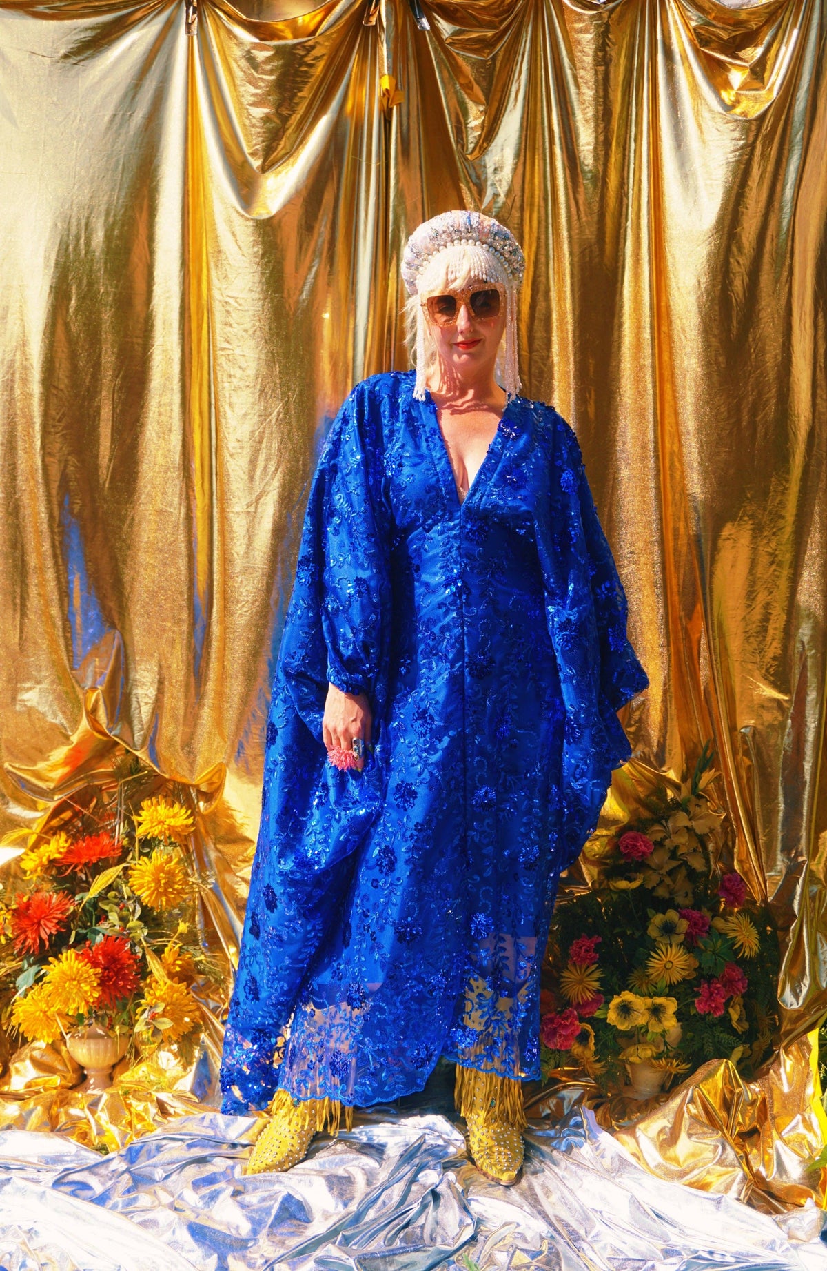 Desert Blue Lace Sequin V-Neck Kaftan Gown