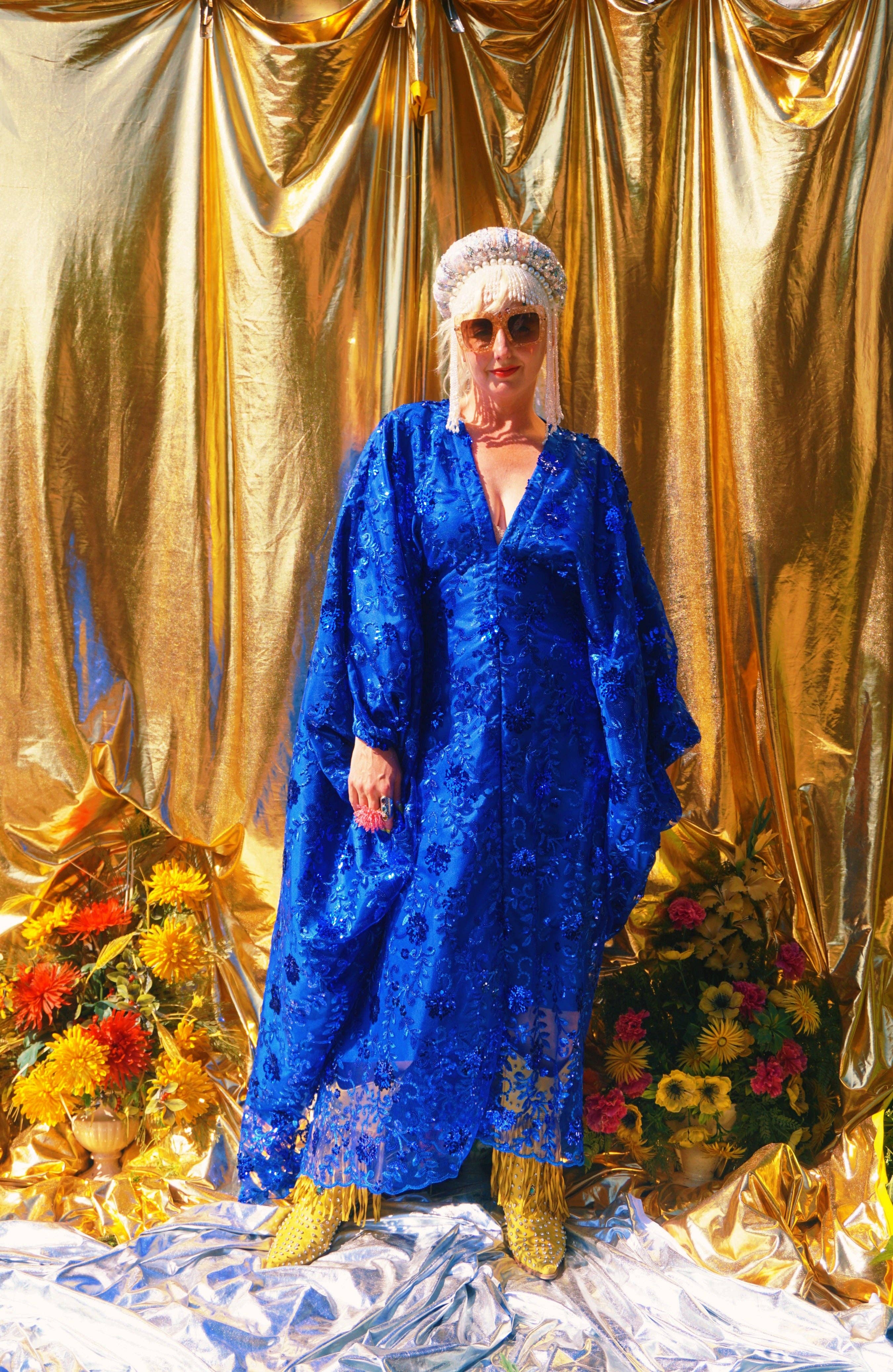 Desert Blue Lace Sequin V-Neck Kaftan Gown