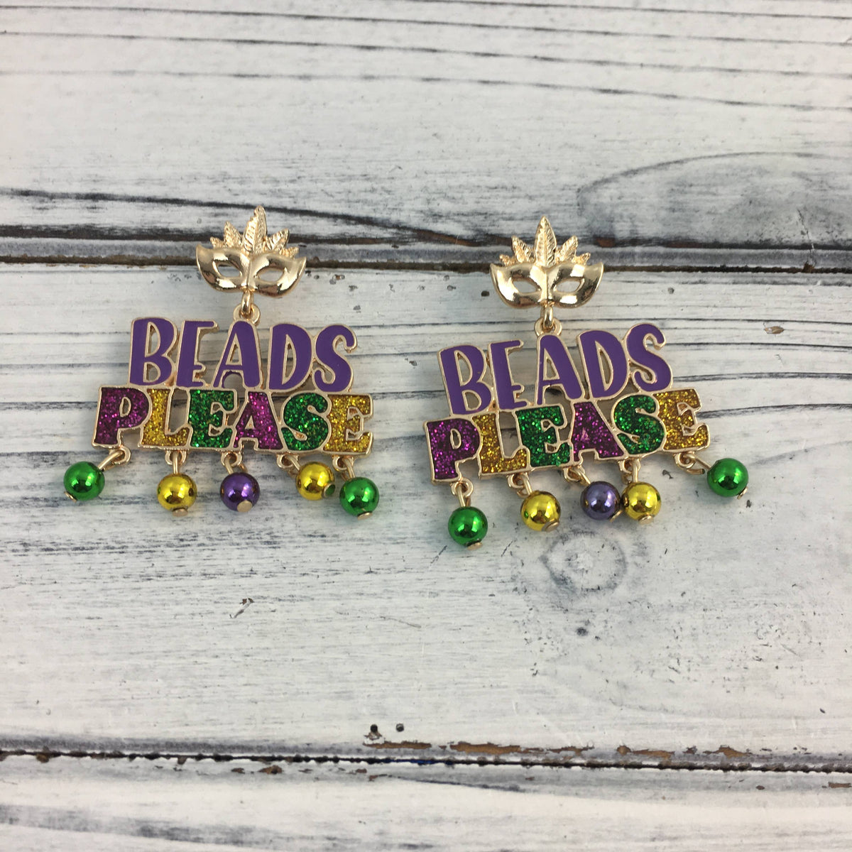 “Beads Please” Mardi Gras earrings