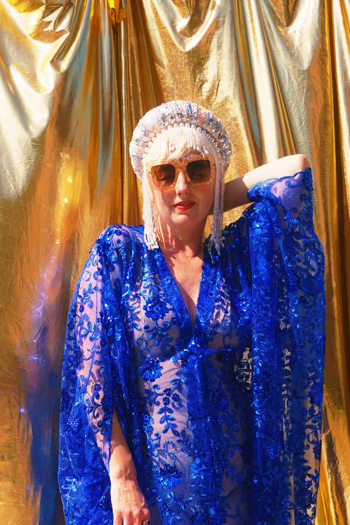 Desert Blue Lace Sequin V-Neck Kaftan Gown