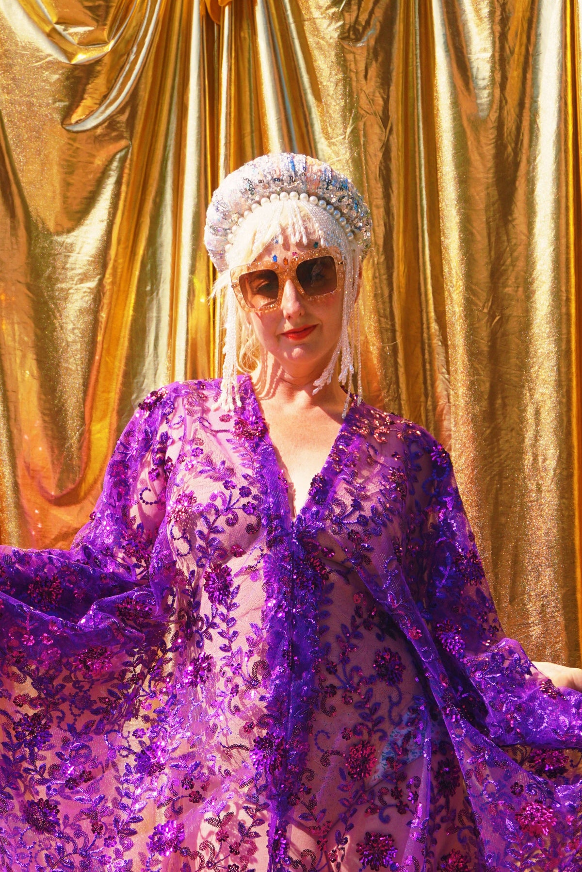Desert Amethyst Lace Sequin V-Neck Kaftan Gown