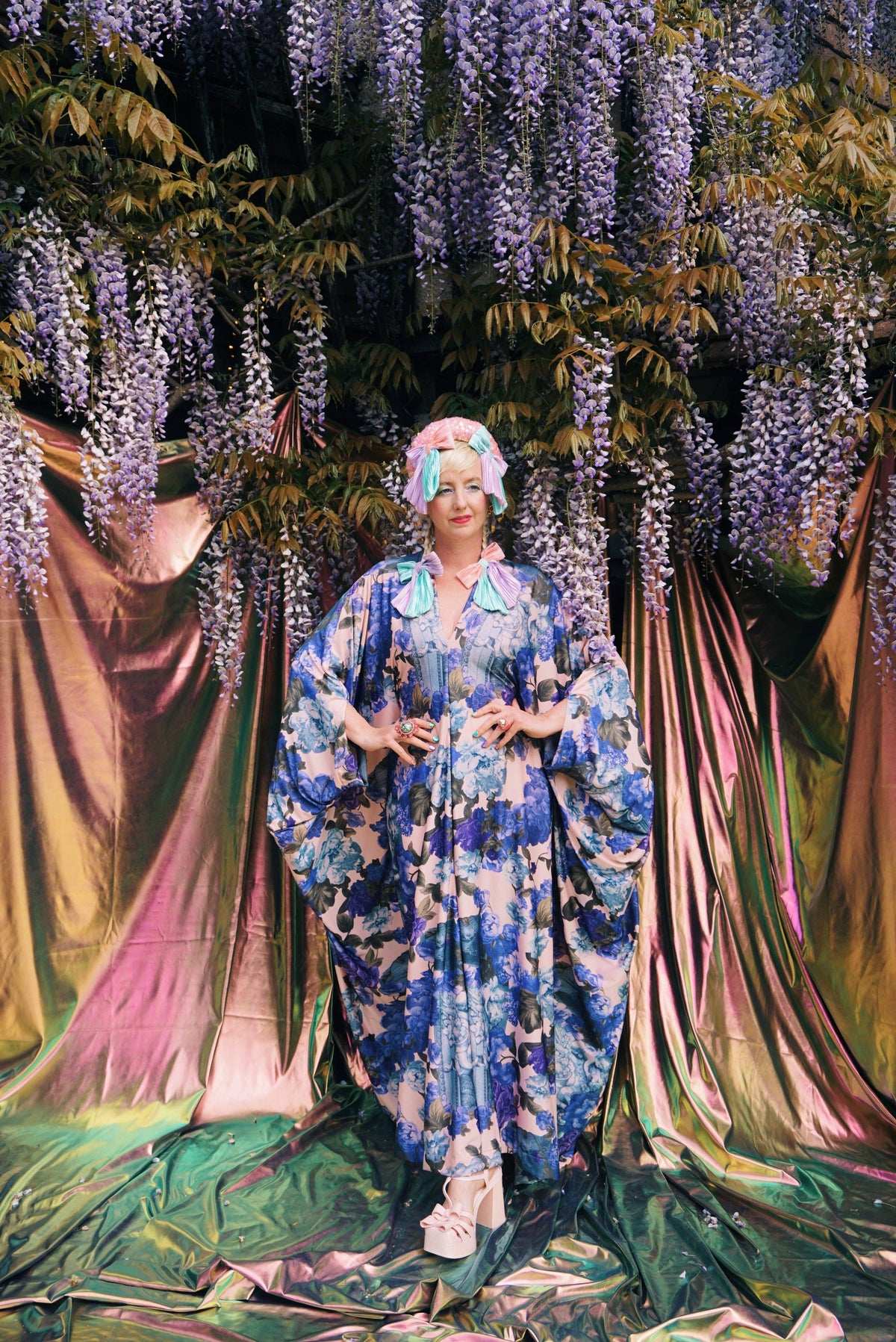 Blue Rose V-Neck Kaftan Gown