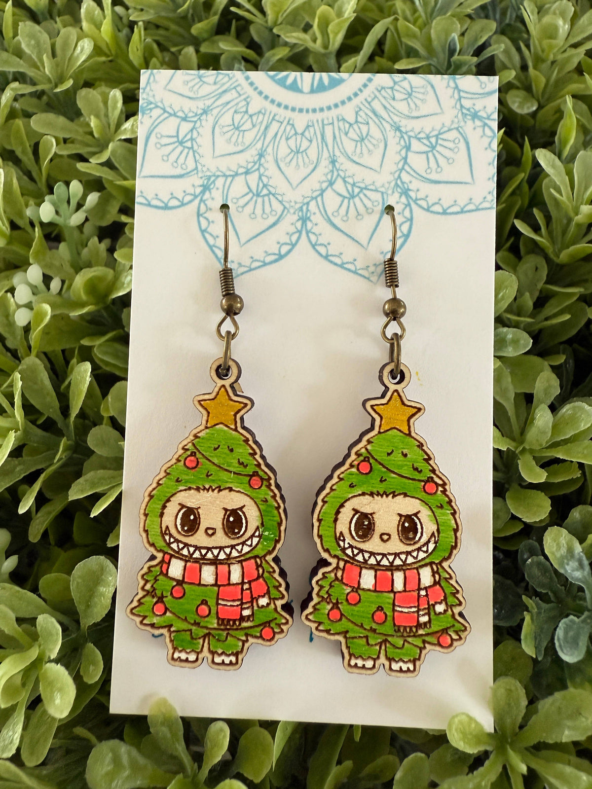 Labubu inspired monster Christmas hand painted wood earrings