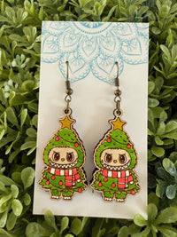 Labubu inspired monster Christmas hand painted wood earrings