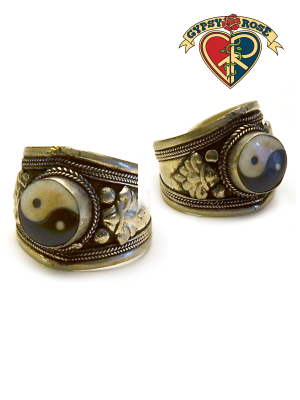 YIN YANG ANTIQUED SILVERTONE WIDE ADJUSTABLE RING