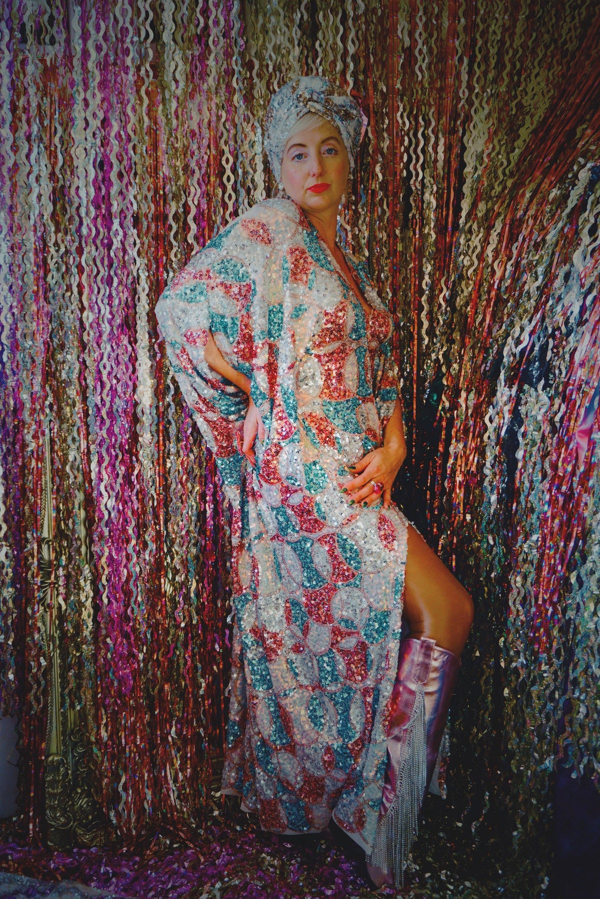 Pink, Blue and White Circle V-Neck Maxi Dress Kaftan