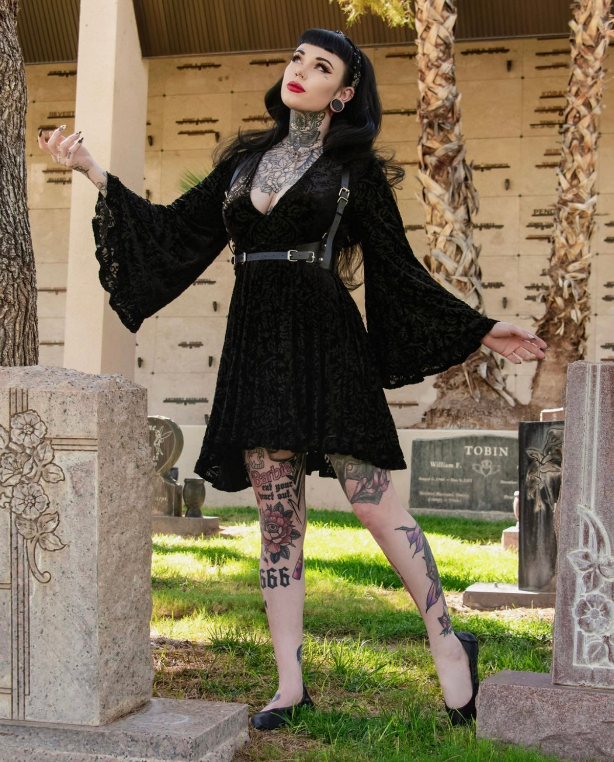 Nyx - Bell Sleeved Velvet Damask Dress with Harness - READY TO SHIP!