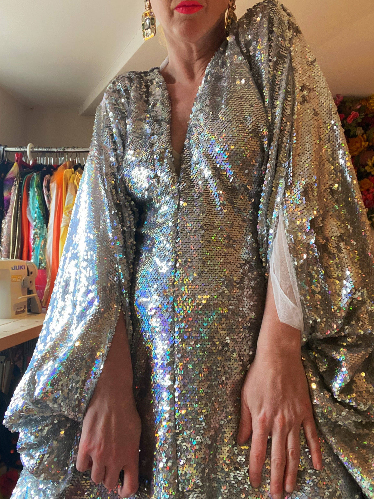 Silver Metallic Holographic/  Sequin Kaftan Gown / Dress