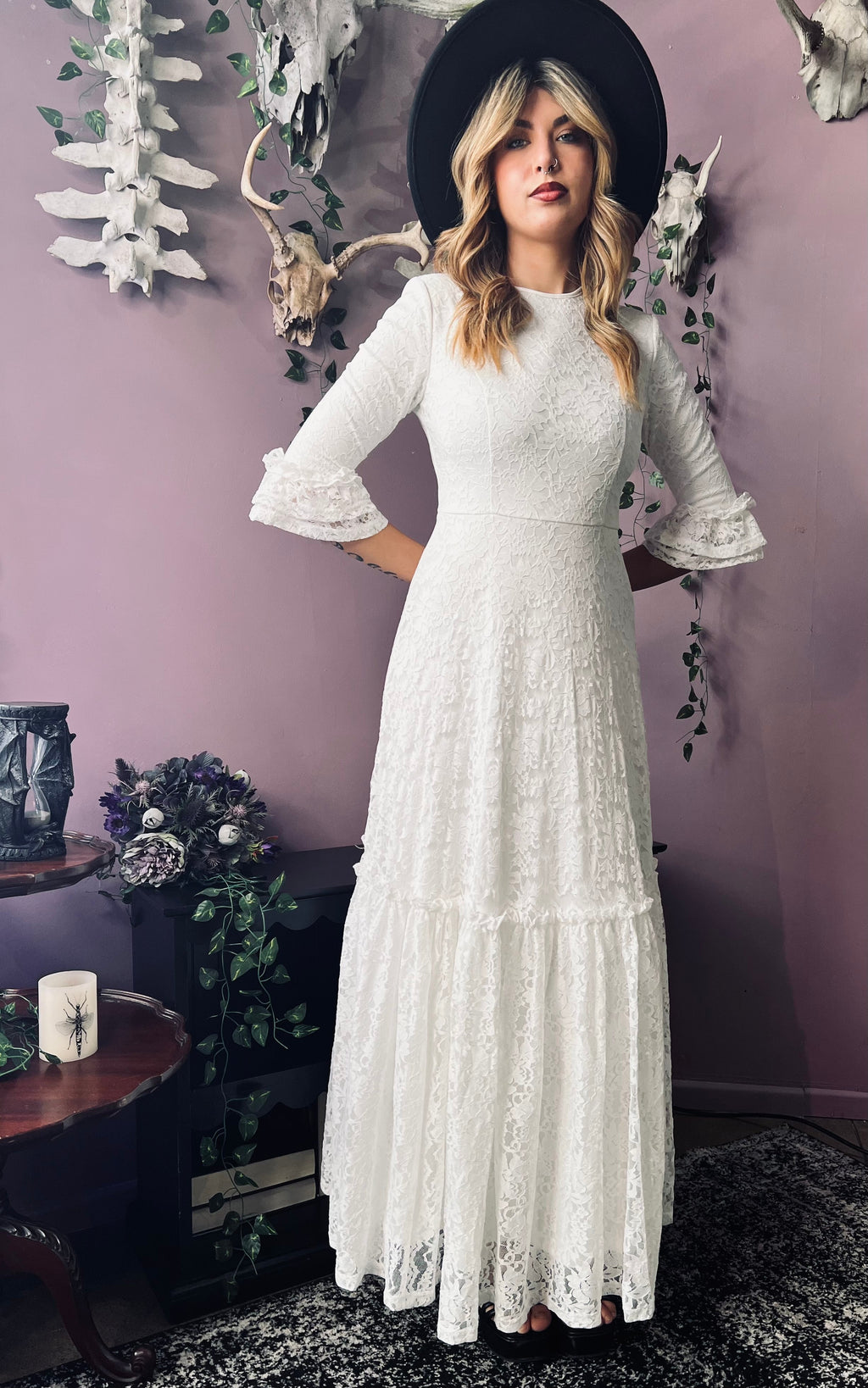 Mina - Ivory Floral Lace Bride of the Vampire Maxi Dress  - READY TO SHIP