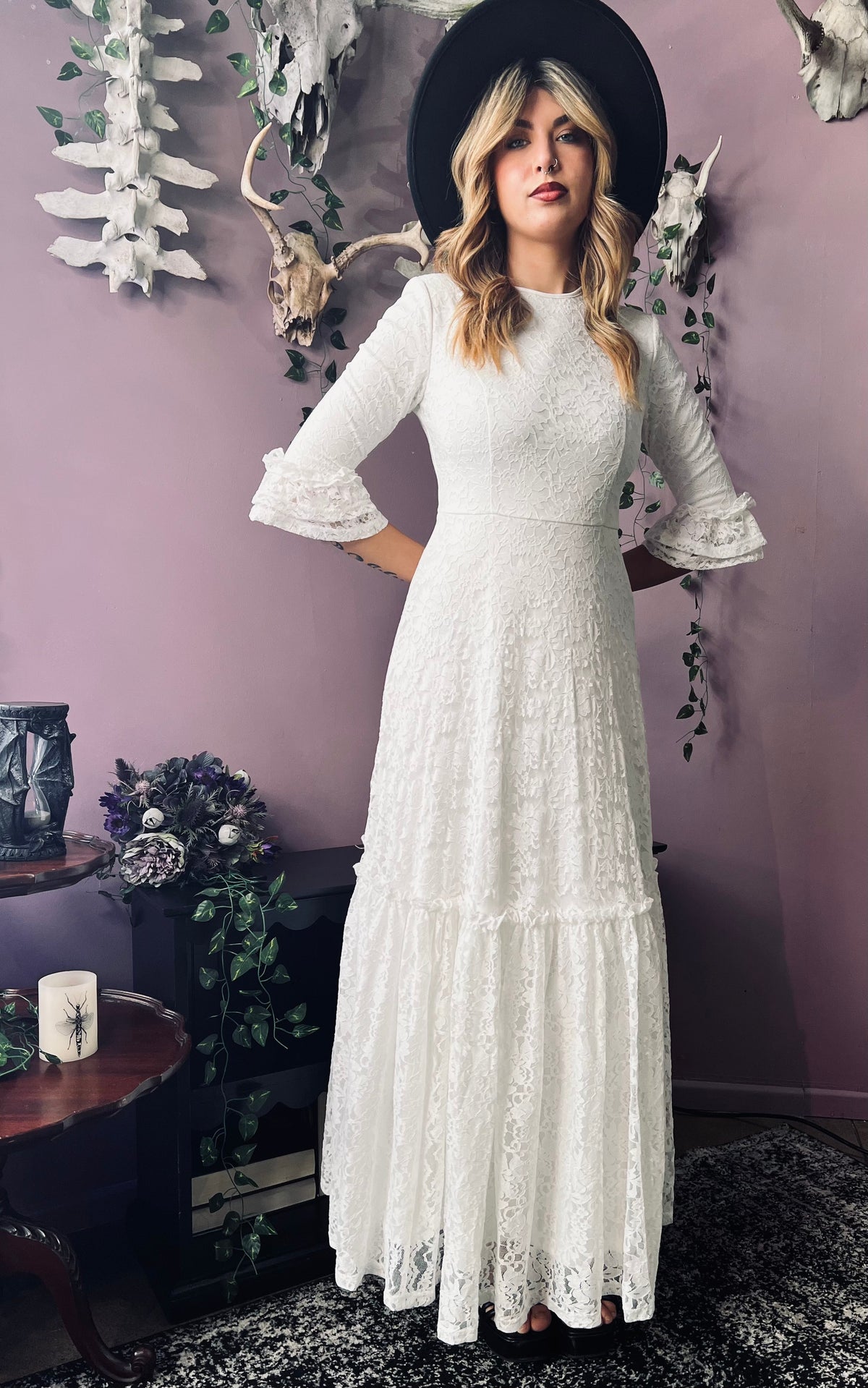 Mina - Ivory Floral Lace Bride of the Vampire Maxi Dress  - READY TO SHIP