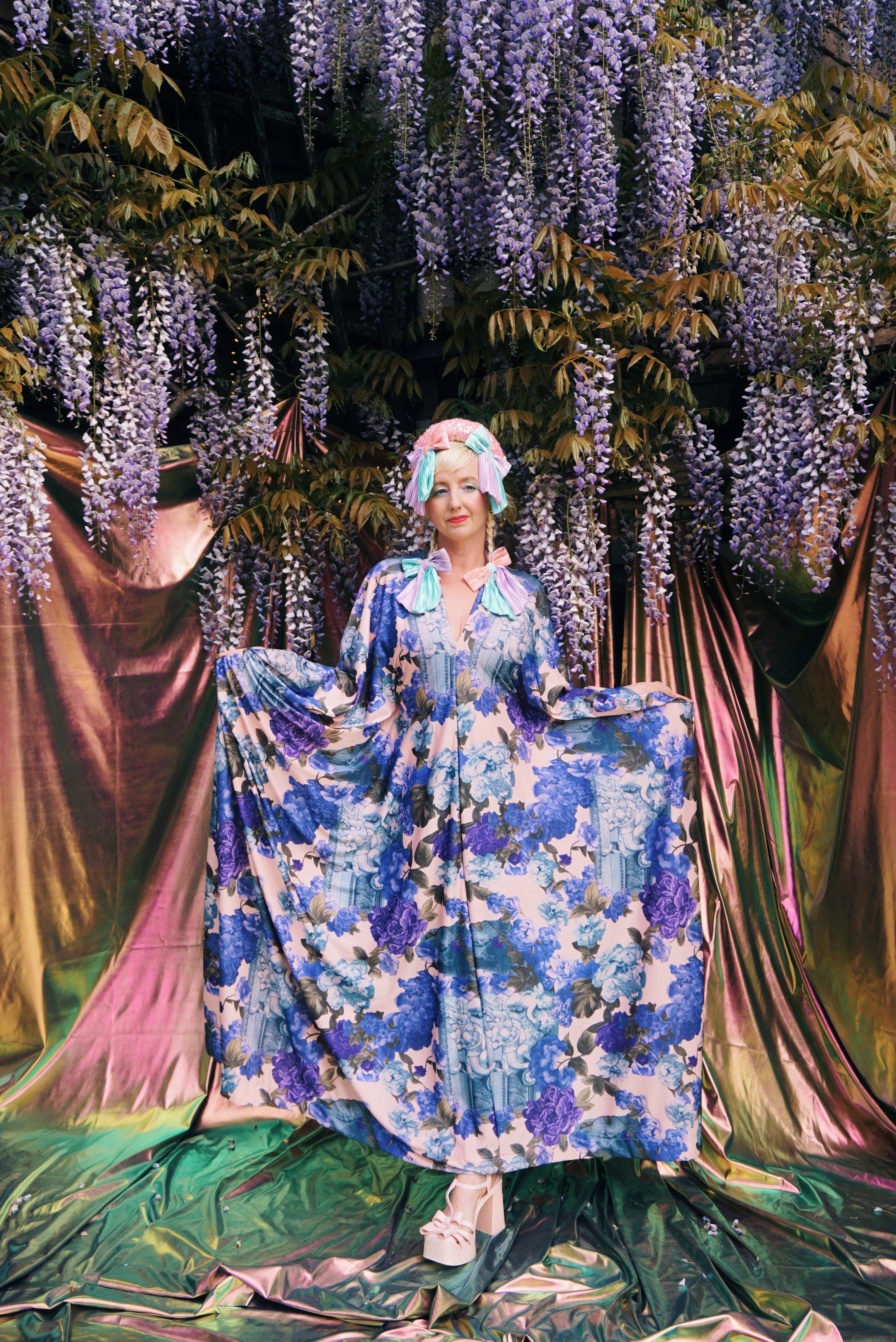 Blue Rose V-Neck Kaftan Gown