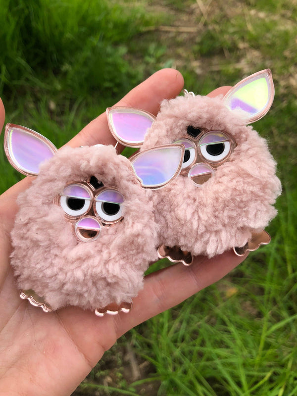 Rose Pink Furry Furby Earrings, Laser Cut Acrylic, Plastic Jewelry