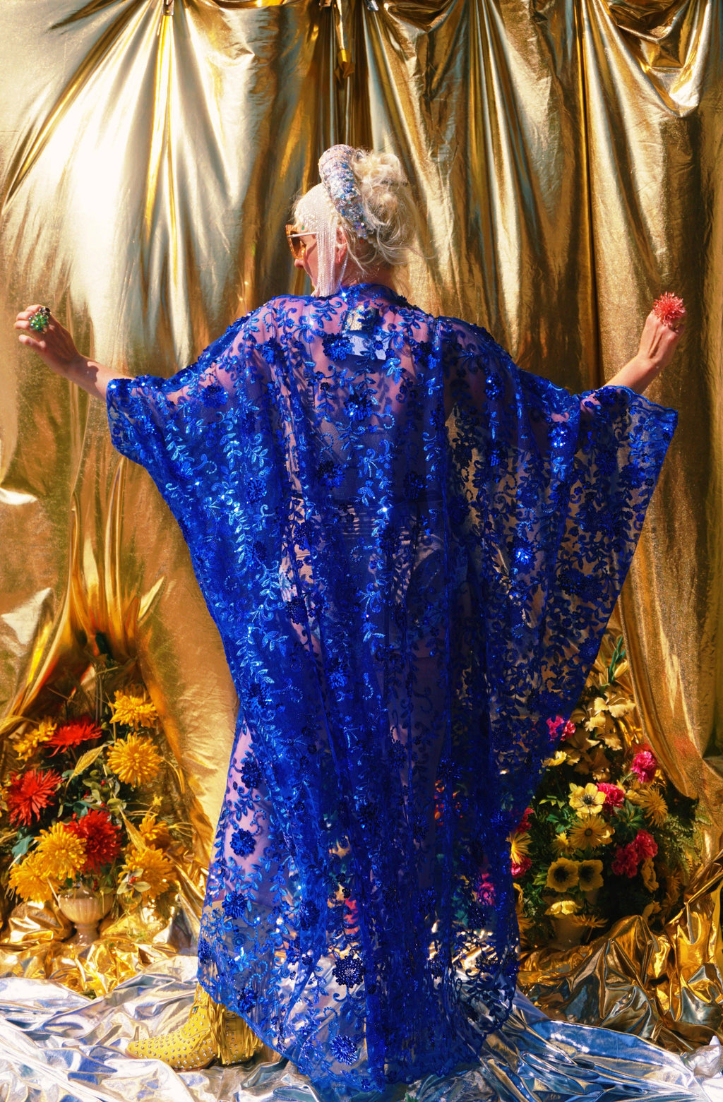 Desert Blue Lace Sequin V-Neck Kaftan Gown