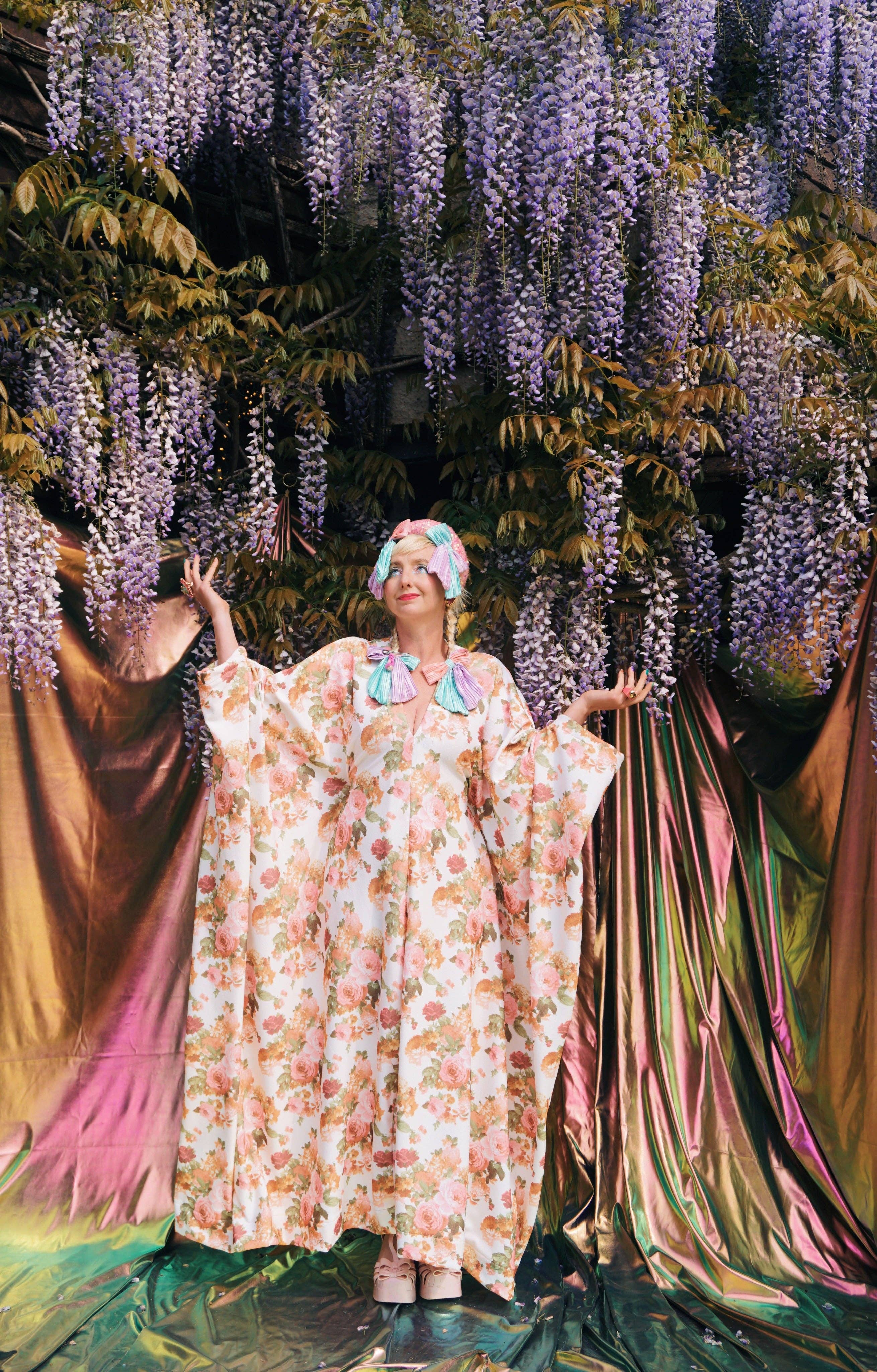 Pink Rose Garden V-Neck Kaftan Gown