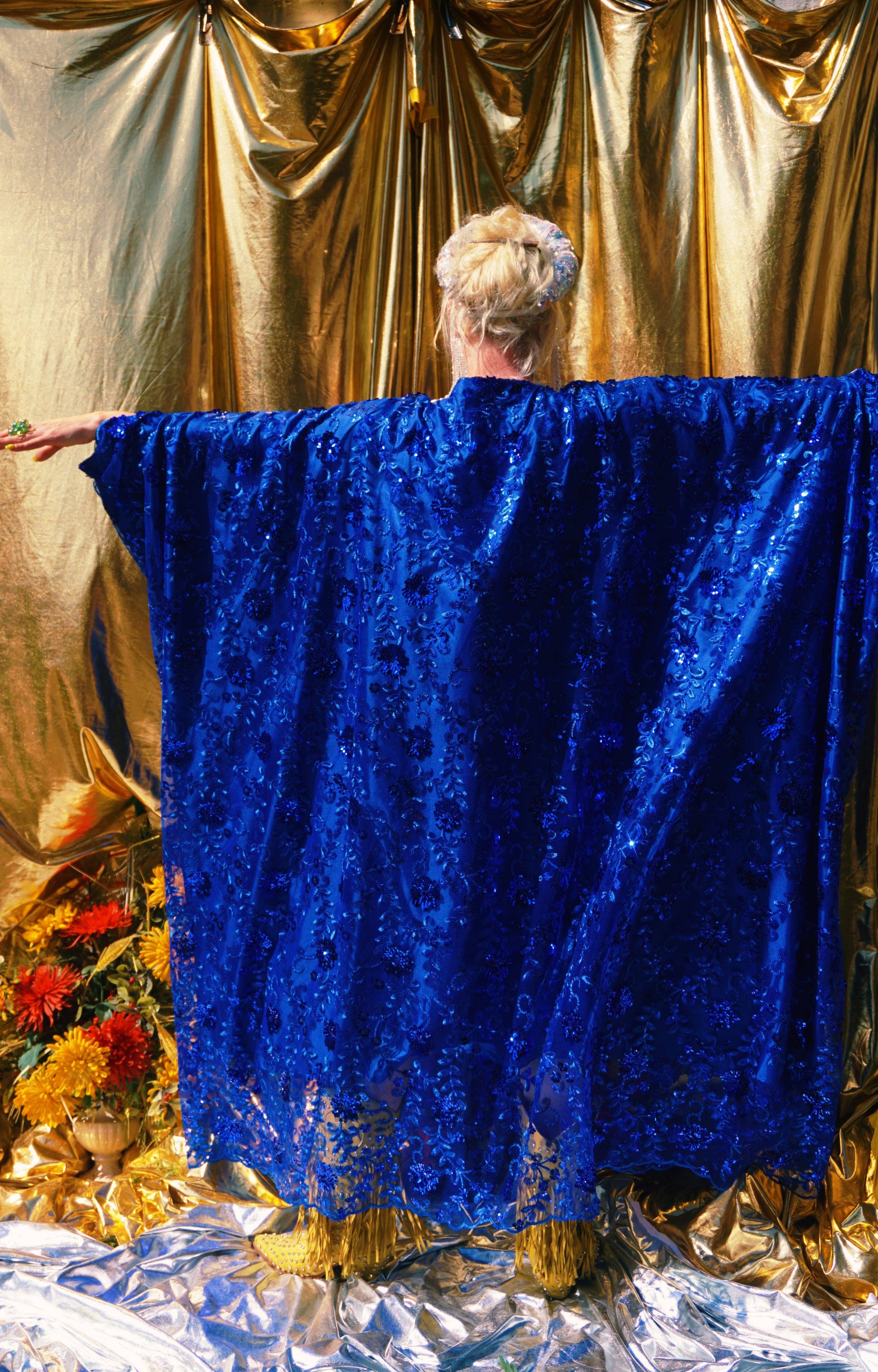 Desert Blue Lace Sequin V-Neck Kaftan Gown