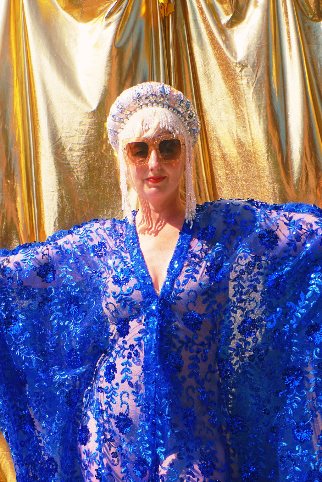 Desert Blue Lace Sequin V-Neck Kaftan Gown