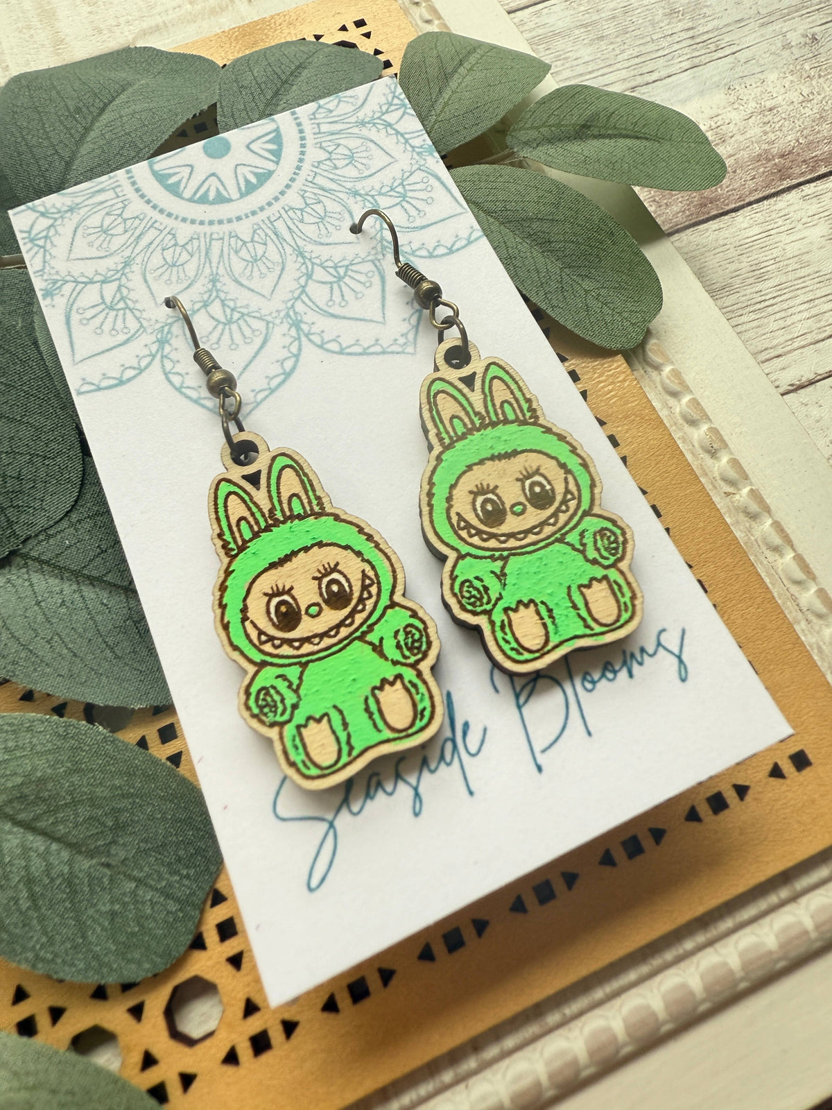 Labubu inspired monster style hand painted  wood earrings