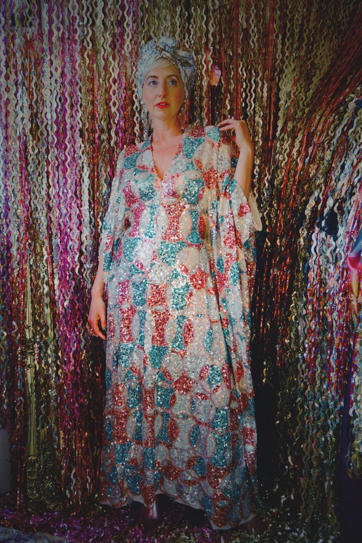 Pink, Blue and White Circle V-Neck Maxi Dress Kaftan