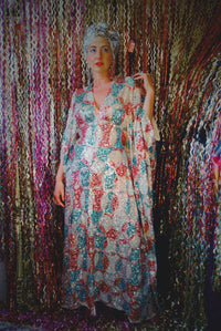 Pink, Blue and White Circle V-Neck Maxi Dress Kaftan