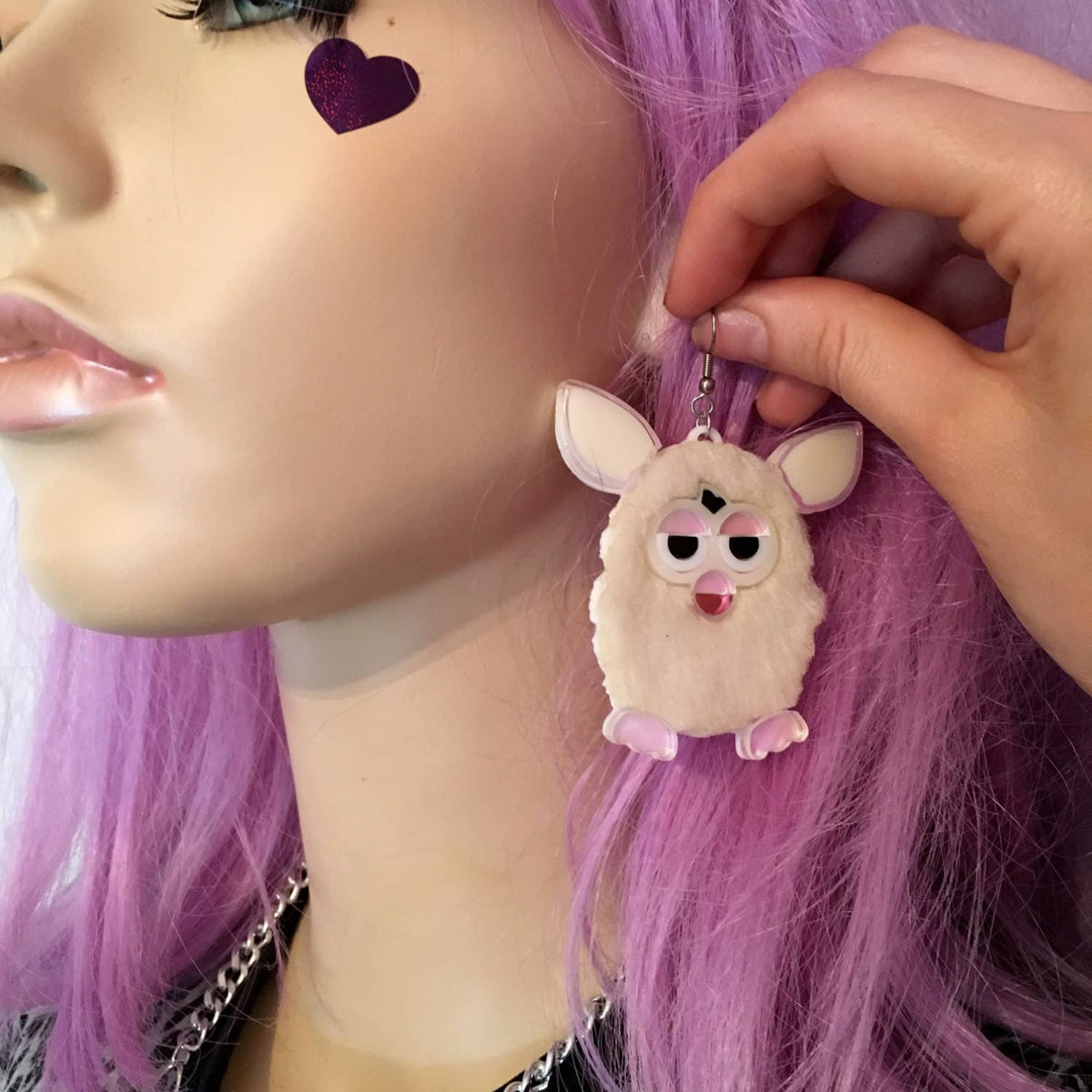 Rose Pink Furry Furby Earrings, Laser Cut Acrylic, Plastic Jewelry