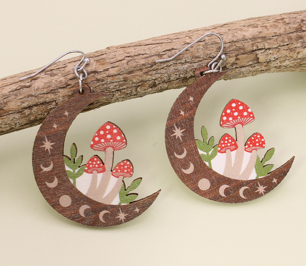 Natural Mystic Wood Mushroom Moon Earrings
