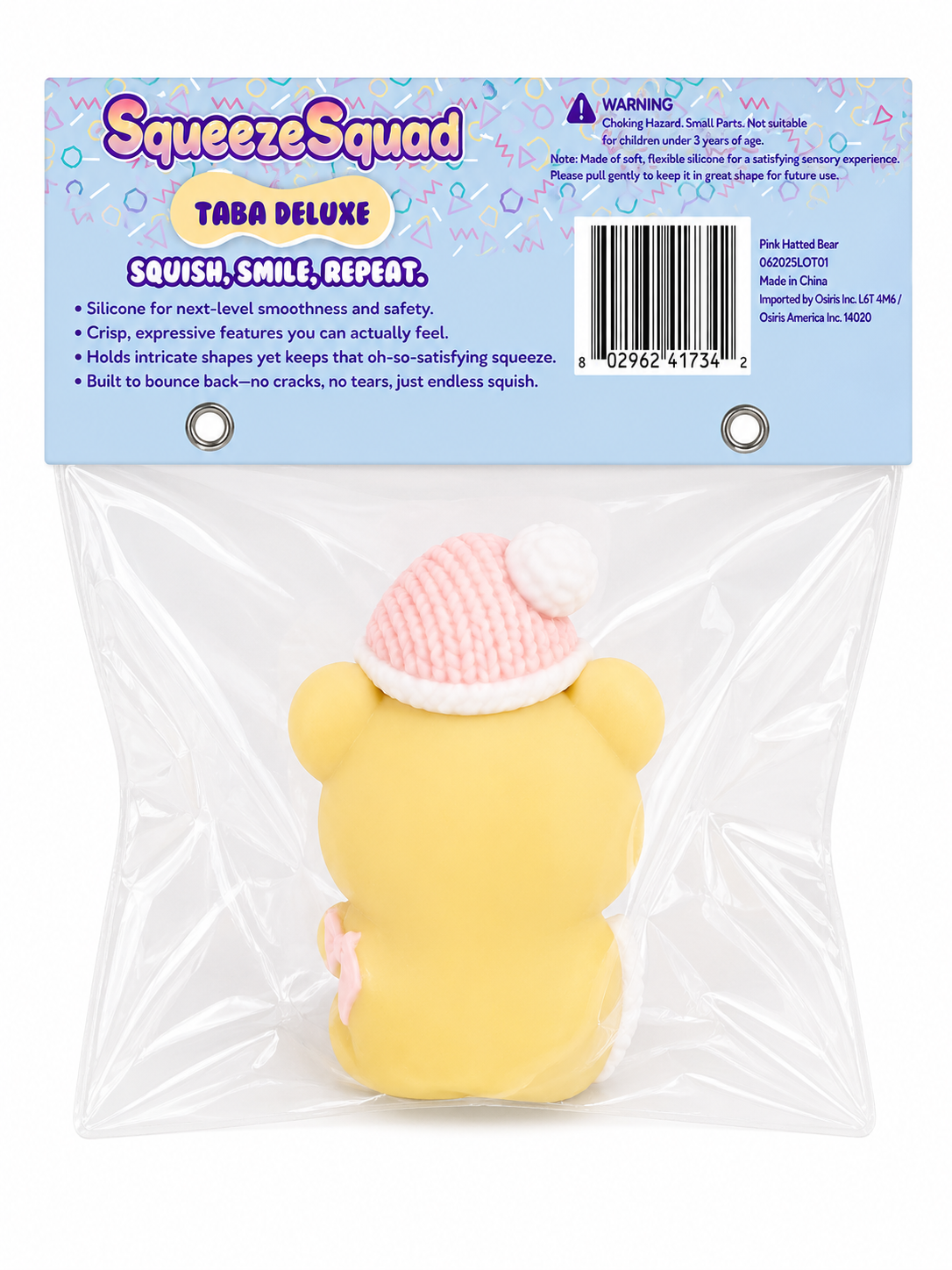 SqueezeSquad Taba Deluxe Premium Silicone Squishy Fidget Toy - Pink Hatted Bear