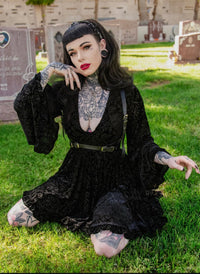 Nyx - Bell Sleeved Velvet Damask Dress with Harness - READY TO SHIP!