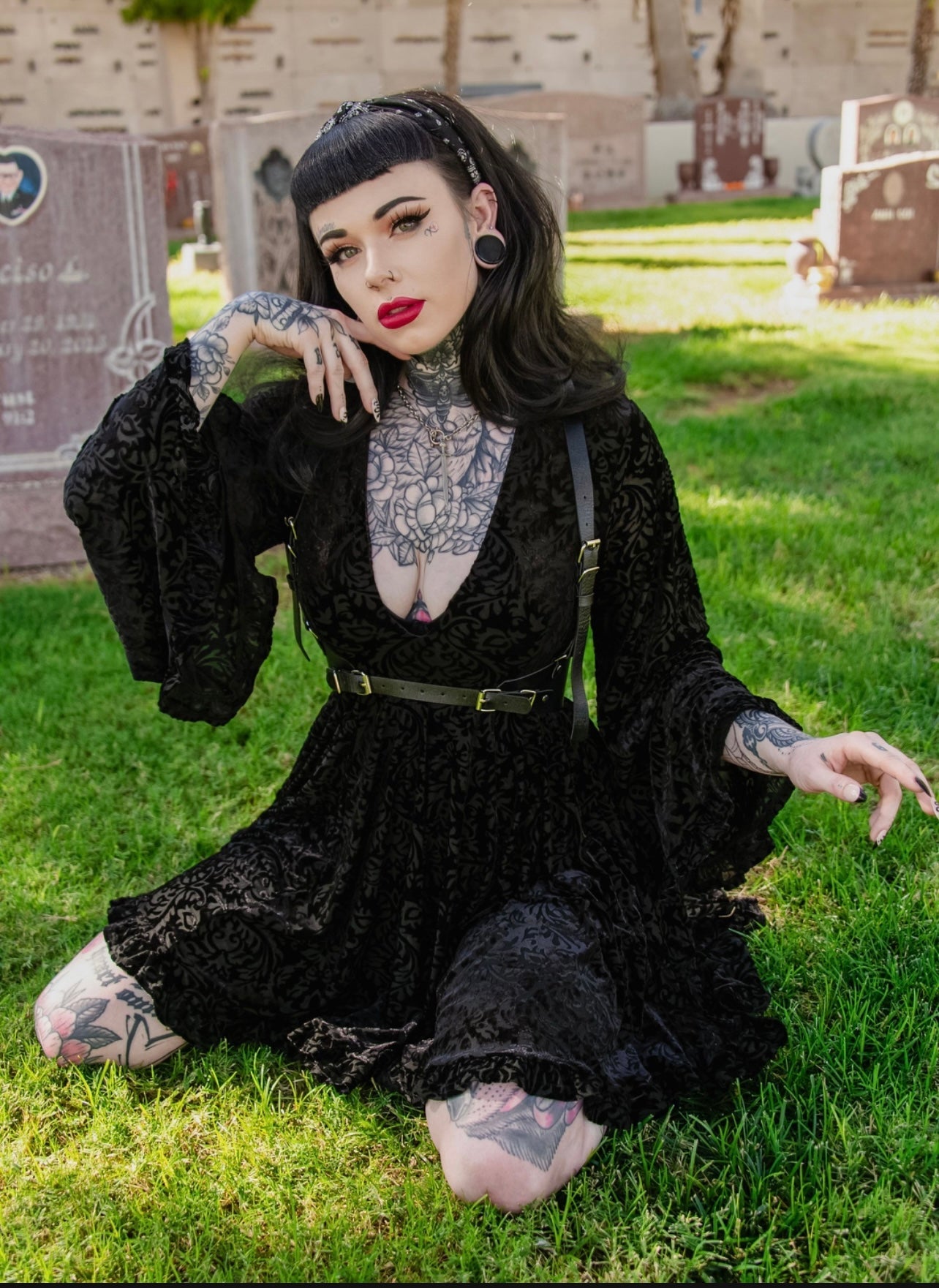 Nyx - Bell Sleeved Velvet Damask Dress with Harness - READY TO SHIP!