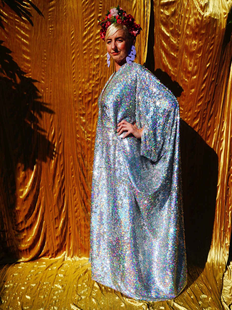 Silver Metallic Holographic/  Sequin Kaftan Gown / Dress
