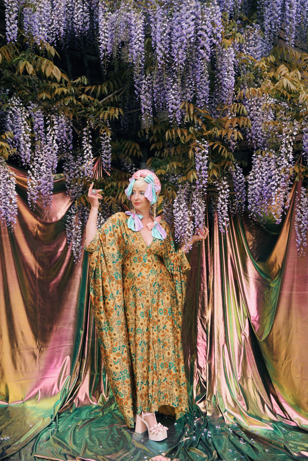 Golden Meadow Print V-Neck Kaftan Gown