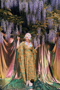 Golden Meadow Print V-Neck Kaftan Gown