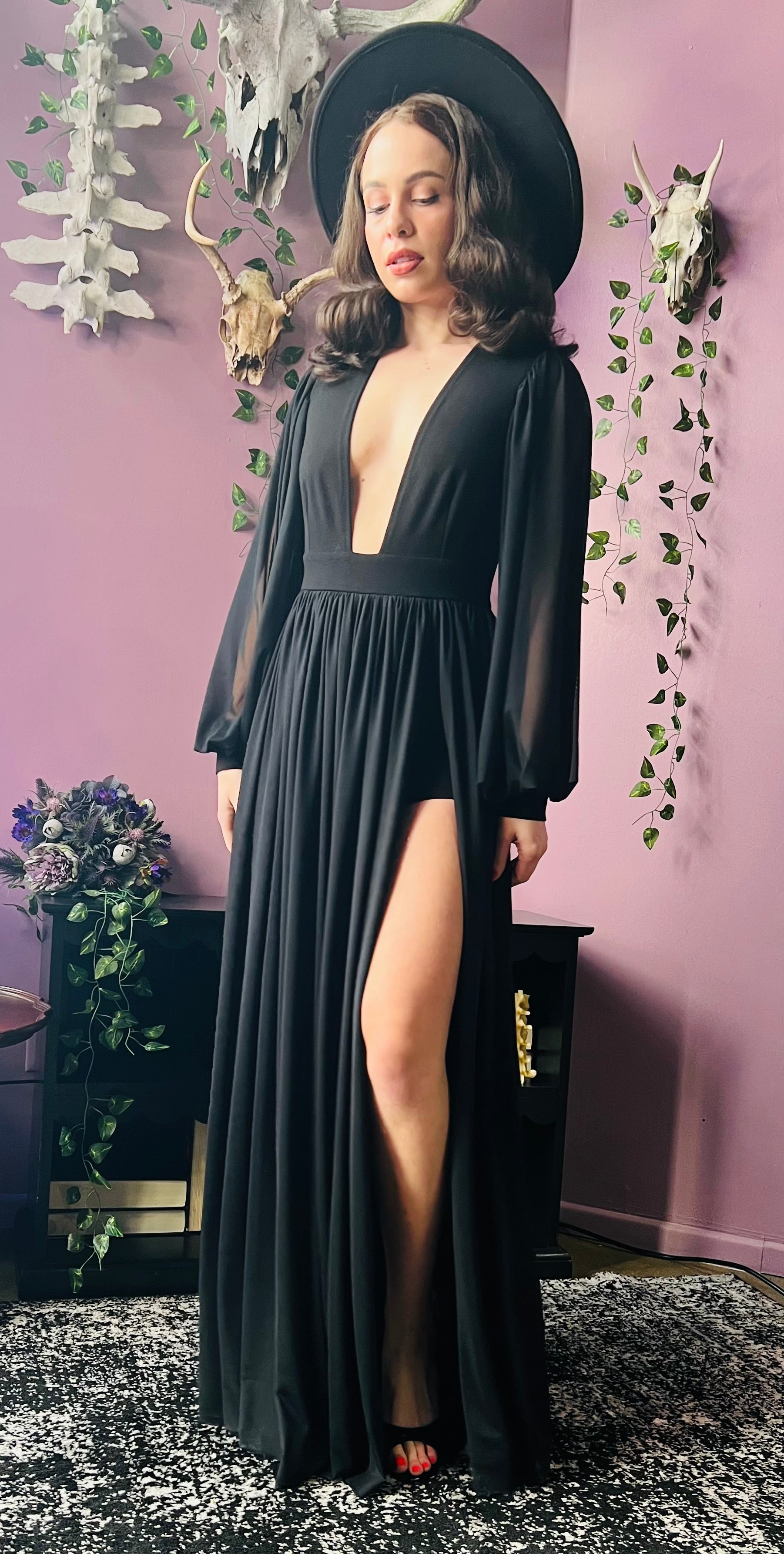 Minerva - Hauntingly Dramatic Mesh Maxi Dress with Built In Shorts  - READY TO SHIP