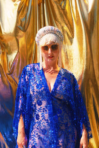 Desert Blue Lace Sequin V-Neck Kaftan Gown