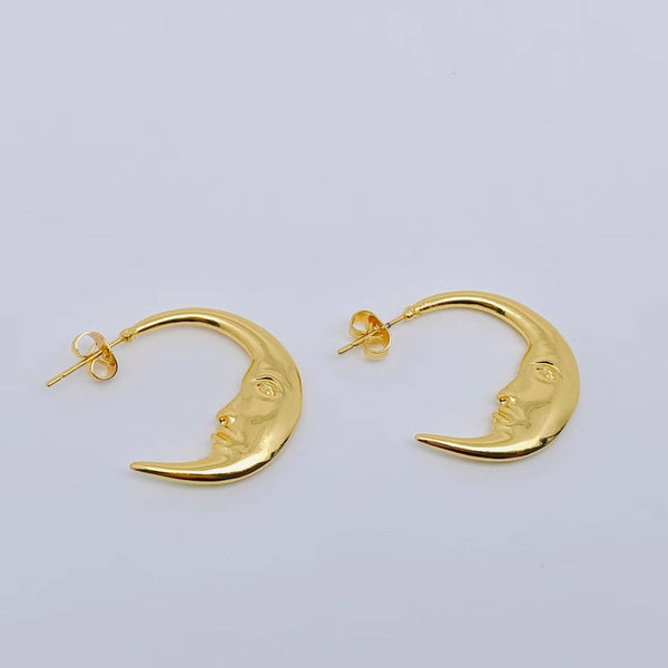 Mysterious Moon Face Design Gold Plated Hoop Earrings
